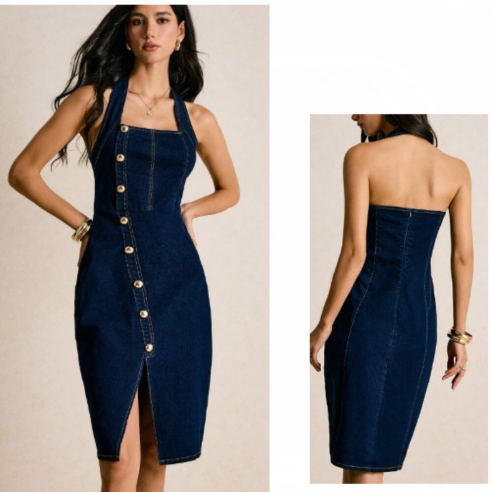 Y2K Halter Button-Front Midi Dress in Dark Indigo